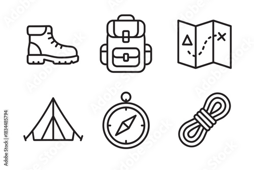 Hiking and camping equipment line icon set featuring a boot, backpack, map, tent, compass, and rope, a minimalist collection of symbols for outdoor activities