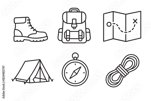 Set of six black line icons for hiking and camping includes a boot, backpack, map, tent, compass, and rope, representing outdoor adventure and travel equipment in a minimalist style