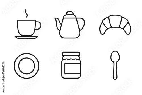 Set of black line art breakfast icons showing a steaming cup, teapot, croissant, plate, jam jar, and spoon in a simple, minimalist graphic design style