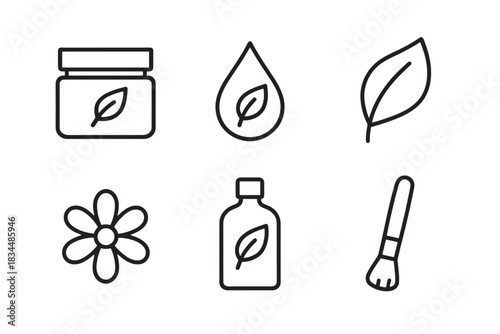 Set of six black line icons representing natural cosmetics and skincare, featuring a cream jar, oil drop, leaf, flower, lotion bottle, and an application brush in a simple outline style