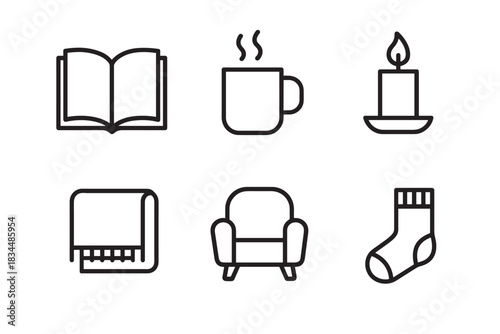 Set of six minimalist line art icons representing comfort and relaxation, featuring a book, hot drink, candle, warm blanket, armchair, and a cozy sock for a hygge lifestyle