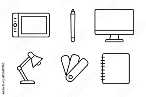 Six black outline icons representing a graphic designer's toolkit with a drawing tablet, pen, computer, desk lamp, color guide, and sketchbook in a minimalist linear style