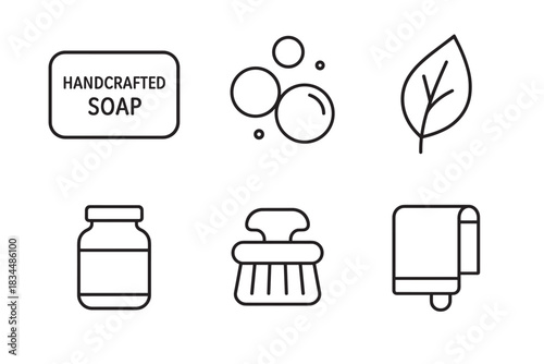 Handcrafted soap and bathing accessories icon set with bubbles, a leaf, a jar, a brush, and a towel, presented in a clean, minimalist black line art style for beauty and wellness concepts