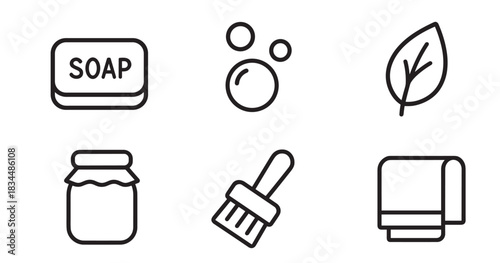 Set of six black line icons for hygiene and wellness concepts, featuring a bar of soap, bubbles, a natural leaf, a jar of preserves, a scrub brush, and a folded towel