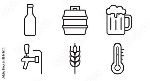 Set of six black line icons representing beer brewing and pub culture, including a bottle, keg, foamy mug, tap, wheat, and thermometer in a minimalist vector style