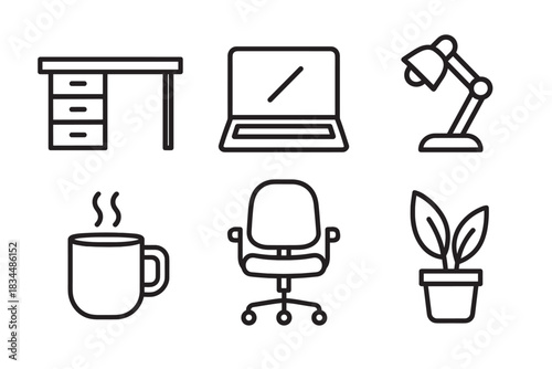Set of six black line icons representing office equipment and workspace items including a desk, laptop, lamp, coffee mug, swivel chair, and a potted plant in a minimalist style