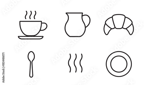 Set of black line art icons representing a coffee break or breakfast with a steaming cup, croissant, milk jug, spoon, and plate in a simple, minimalist vector outline style