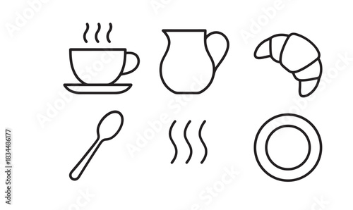 Set of black line breakfast icons showing a steaming coffee cup, creamer, croissant, spoon, and plate in a minimalist graphic style for a cafe menu or food concept