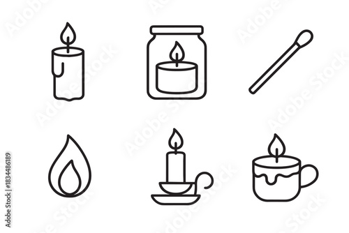 Set of six black line icons depicting candles, a match, and a flame in a minimalist vector style, including a pillar candle, a jar, a candlestick, and a cup
