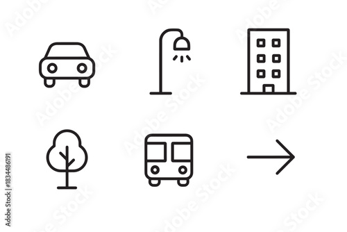 Set of six black line icons representing city life with a car, bus, building, tree, street lamp, and arrow for urban, transportation, and navigation concepts