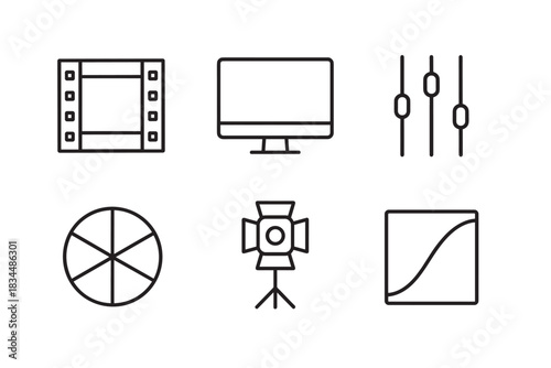 Set of six video editing icons in a minimalist line art style includes a film strip, monitor, audio sliders, color wheel, studio light, and curves graph for post-production
