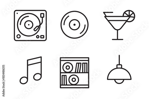 Set of six black outline icons representing music and entertainment, featuring a turntable, vinyl record, cocktail, musical note, record collection, and a pendant lamp in a minimalist style
