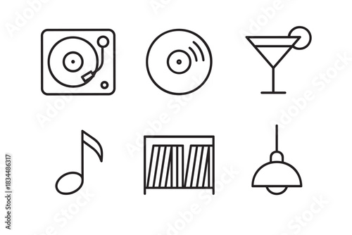Set of six black line icons representing music and leisure with a turntable, vinyl record, cocktail glass, musical note, record crate, and pendant lamp in a minimalist style