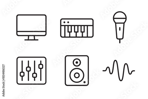 Music production and audio recording icon set featuring a monitor, keyboard, microphone, mixer, speaker, and sound wave in a simple black outline vector illustration style