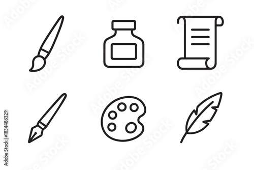 Set of six black line art icons representing art and writing tools, including a paintbrush, inkwell, scroll, fountain pen, artist palette, and a classic feather quill