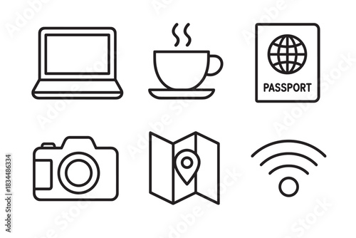 Set of six black line icons for travel and digital nomad lifestyle concepts including a laptop, coffee, passport, camera, map, and wifi symbol in a clean minimalist style