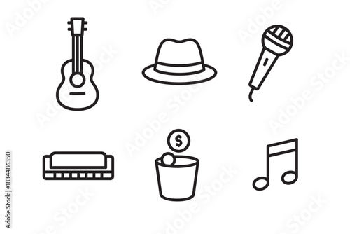 Collection of six street musician icons including an acoustic guitar, fedora hat, microphone, harmonica, donation bucket, and musical note in a simple line art design