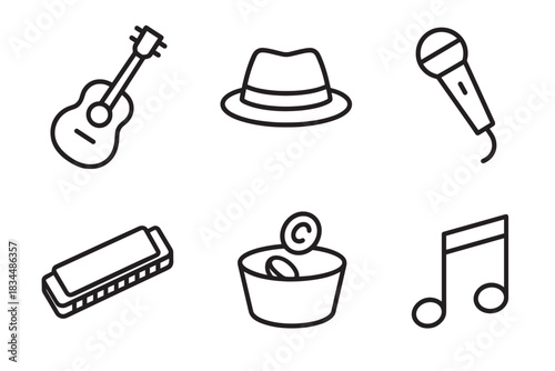 Set of six black outline icons representing busking and street music, featuring a guitar, microphone, harmonica, fedora hat, donation tin, and musical notes in a clean minimalist style