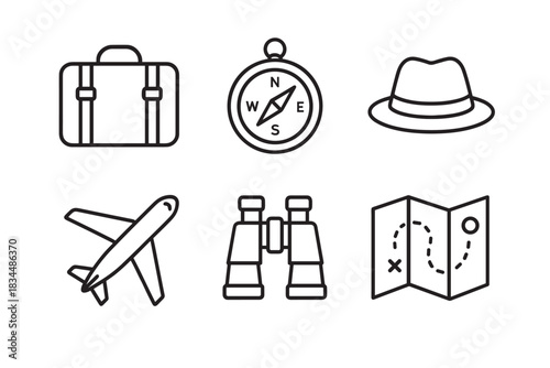 Minimalist travel and adventure icon set with a suitcase, compass, fedora hat, airplane, binoculars, and a folded map, drawn in a clean black and white outline vector style