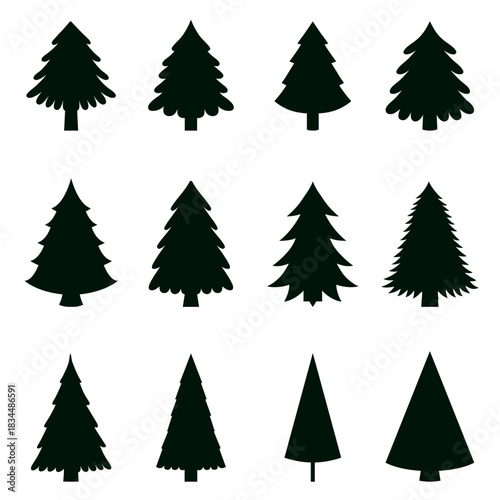 Set of 12 black silhouette evergreen trees in various shapes and styles. Minimal forest elements suitable for winter, nature, holiday and design graphics. Flat vector. Hand drawn. Isolated background.