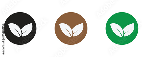 Three icons showing a white leaf on a black, brown, and green circle background, ideal for websites and app designs promoting sustainability and growth
