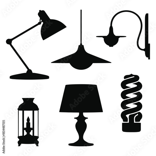 Collection of black silhouette icons representing various types of lighting fixtures and a compact fluorescent bulb