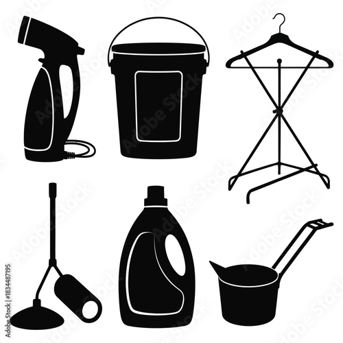 Silhouette collection of various household cleaning and laundry supplies including a steamer, bucket, hanger, mop, detergent, and scoop