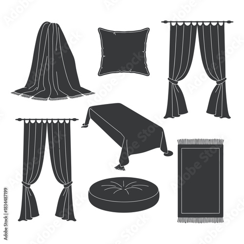 Collection of black silhouette icons representing various home textile items like draped fabric, pillow, curtains, tablecloth, cushion, and rug