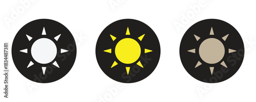 Three sun icons in different colors show weather forecast symbol, bright sunshine, and natural light for modern design and creative projects