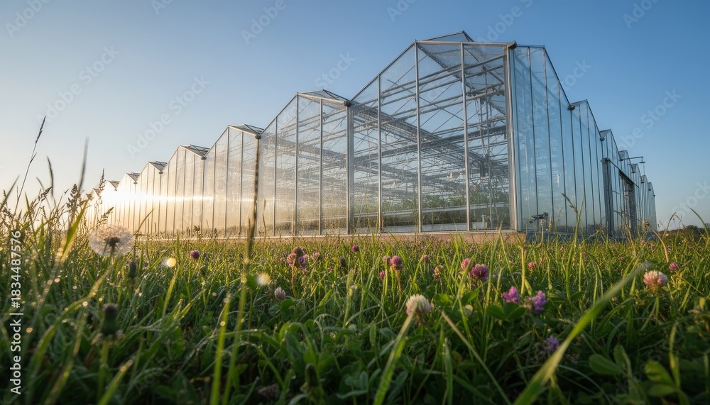 Obraz premium Large modern glass and steel greenhouse structure stands tall in a lush field of dewy grass and wildflowers during a beautiful golden hour sunrise