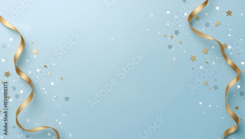Bright Blue Background With Golden Ribbons and Sparkling Effects for a Festive Event Decoration
