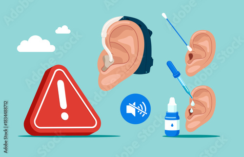 Human ear with exclamation attention sign. Personal hygiene routine and care. Removing cerumen, otitis treatment with serum medical drops Human ears with aerophone, cotton swab and pipette. Vector