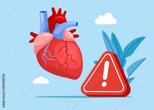 Human heart with exclamation attention sign. Cardiovascular system, cardiology, medical examination topics. Heart disease research. Problem. Vector flat illustration