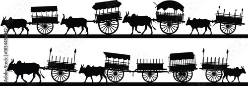 Silhouettes of traditional bullock carts and ox wagons representing historic transport, rural life, Asian travel, and traditional agriculture