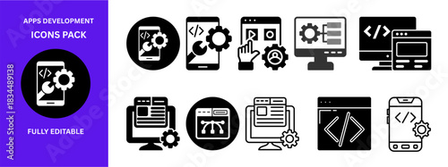 Professional App Development Bold & Solid Icons Pack - 50 Black Glyph Icons for Developers, Programmers, Mobile Apps, Web Projects, SaaS Platforms, Fully Editable AI, SVG, PNG Formats