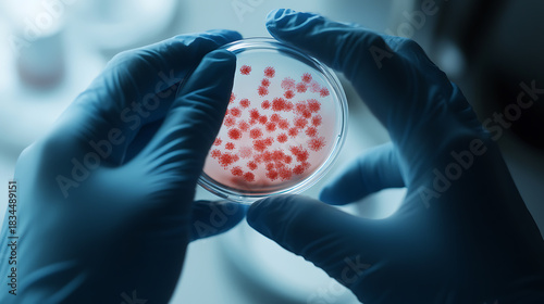 A scientist in blue gloves examines a petri dish containing vibrant red colonies of microorganisms, meticulously studying their growth and characteristics in a sterile lab.