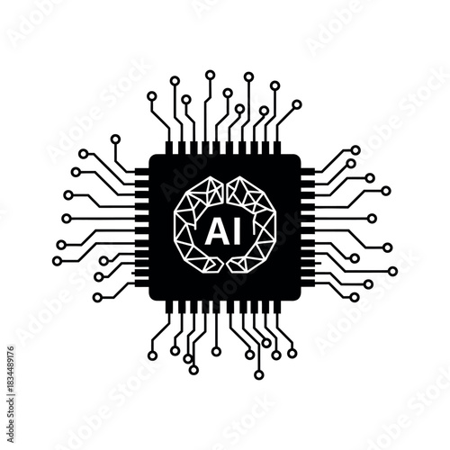 Artificial intelligence processor icon with geometric brain symbol and symmetrical circuit line design in a clean black and white vector style