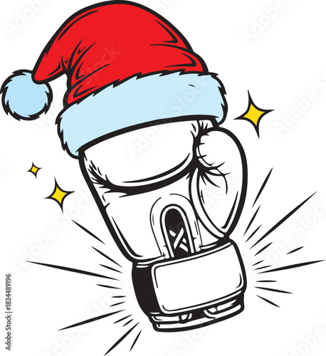 Boxing glove with red Santa hat and yellow starbursts on white background Christmas holiday
