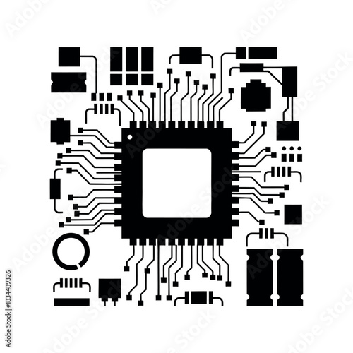 Microchip and electronic circuit board illustration with detailed component layout and precise black and white vector schematic design