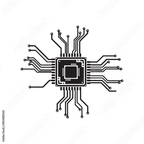 Microchip icon with symmetrical circuit line connections and detailed electronic layout in a clean modern black and white vector design