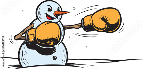 Cartoon snowman wearing boxing gloves throwing a punch with an angry expression winter