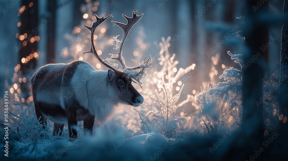 Fototapeta premium Reindeer standing in snowy forest with magical Christmas lights. Reindeer standing in deep snow, illuminated by magical Christmas lights in a winter forest