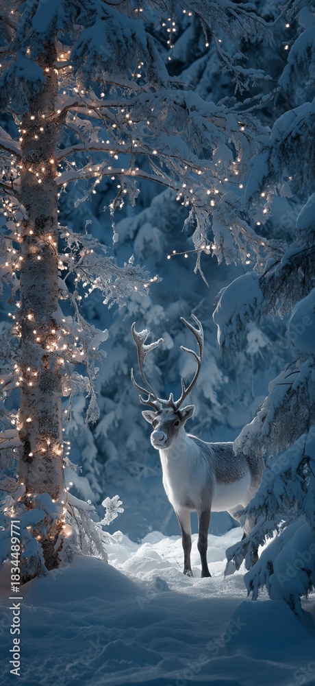 Fototapeta premium Reindeer standing in snowy forest with magical Christmas lights. Reindeer standing in deep snow, illuminated by magical Christmas lights in a winter forest