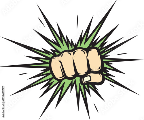 Comic book style fist punch explosion with green and black starburst on white background vector