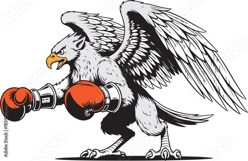 Fierce eagle with orange boxing gloves in a fighting stance vector illustration bird