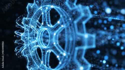 Digital gear with flowing data particles abstract technology concept background