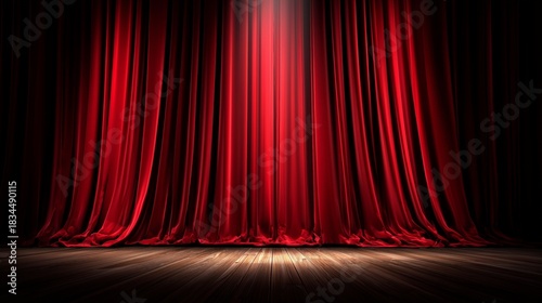 Theater stage with closed red curtain and spotlight above