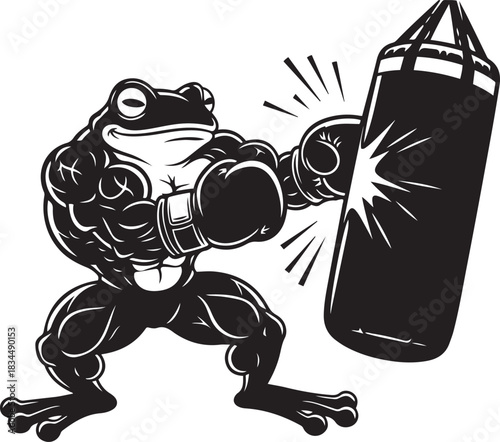 Muscular frog wearing boxing gloves punching a heavy bag with impact lines punching bag strong