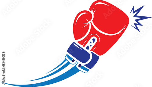 Red boxing glove with blue accents and motion streaks striking with a blue burst speed
