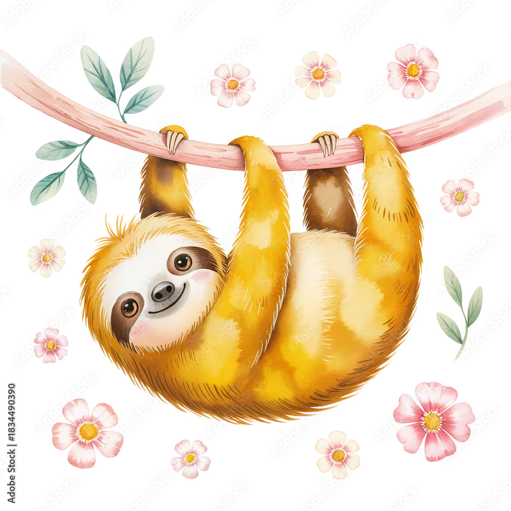 Fototapeta premium A cheerful sloth hangs from a branch surrounded by colorful flowers.